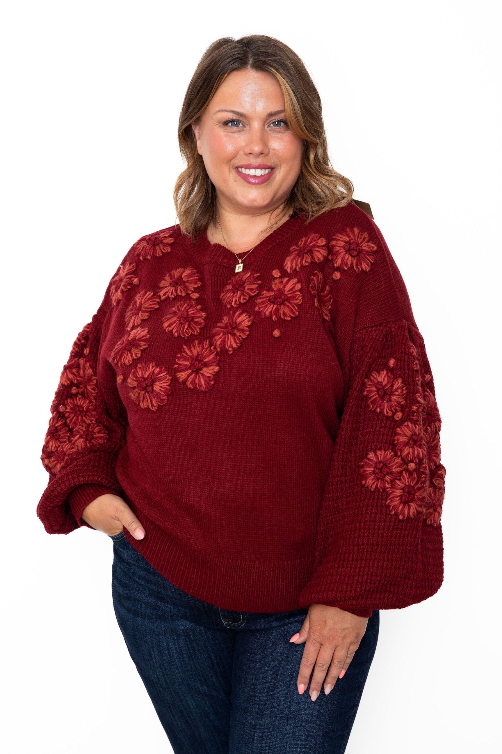 Flower Detail Sweater - Crimson-Sweater- Hometown Style HTS, women's in store and online boutique located in Ingersoll, Ontario