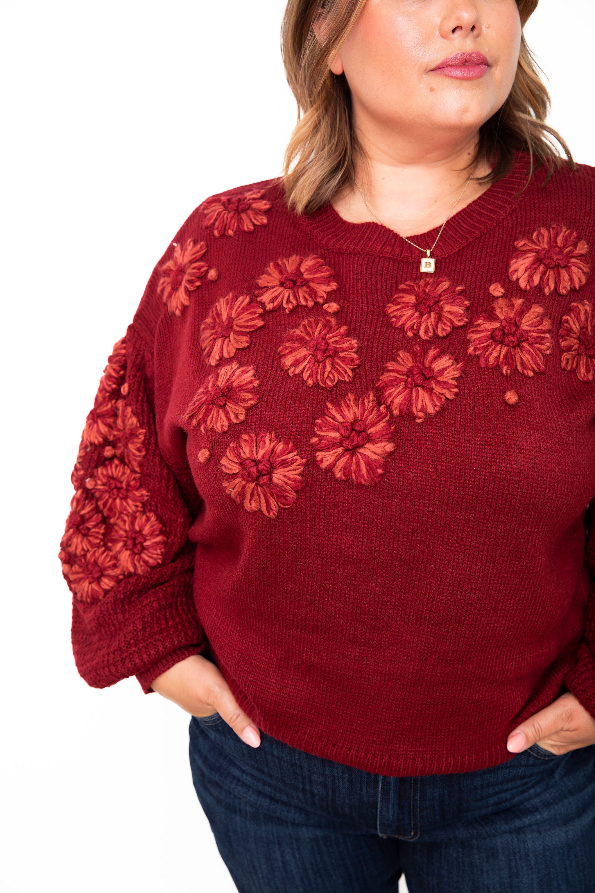 Flower Detail Sweater - Crimson-Sweater- Hometown Style HTS, women's in store and online boutique located in Ingersoll, Ontario