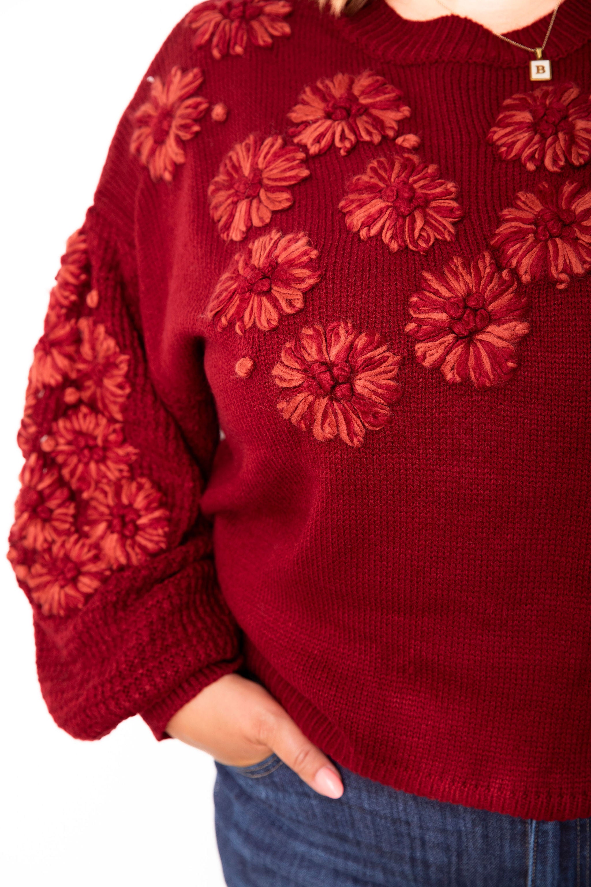 Flower Detail Sweater - Crimson-Sweater- Hometown Style HTS, women's in store and online boutique located in Ingersoll, Ontario