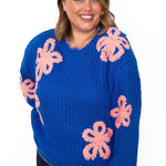 Ribbed Chunky Flower Sweater - Blue-sweater- Hometown Style HTS, women's in store and online boutique located in Ingersoll, Ontario