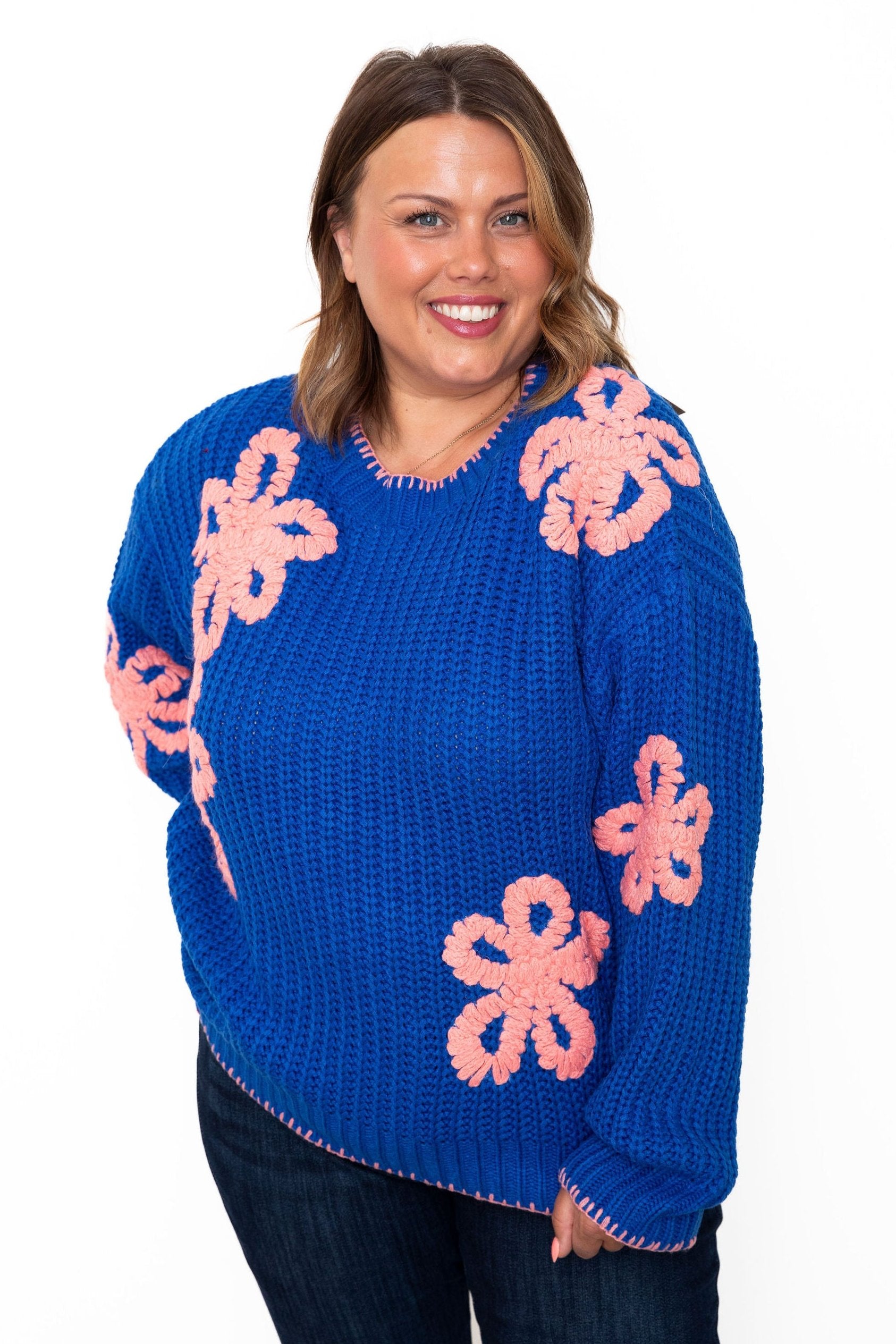 Ribbed Chunky Flower Sweater - Blue-sweater- Hometown Style HTS, women's in store and online boutique located in Ingersoll, Ontario