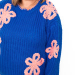 Ribbed Chunky Flower Sweater - Blue-sweater- Hometown Style HTS, women's in store and online boutique located in Ingersoll, Ontario