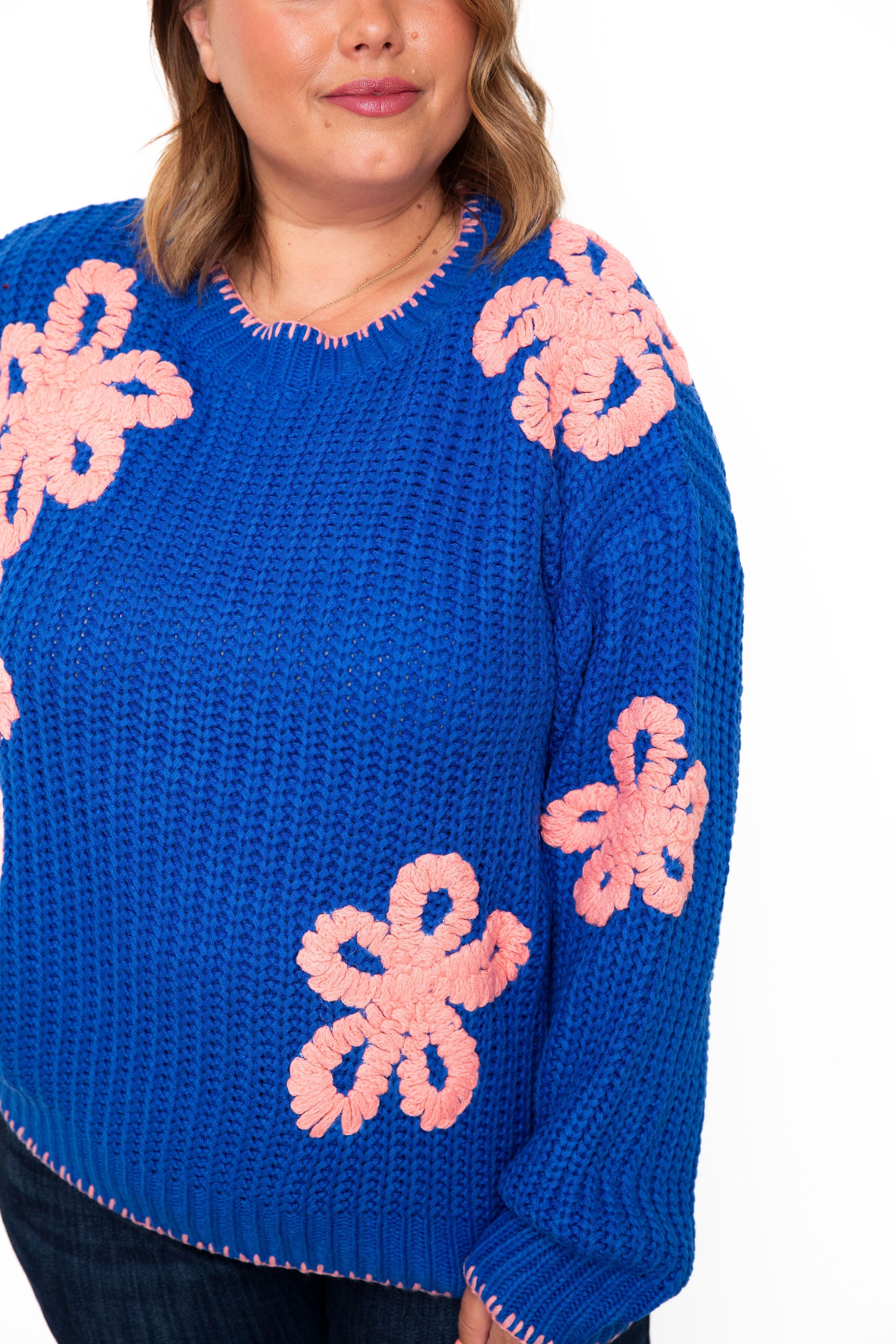 Ribbed Chunky Flower Sweater - Blue-sweater- Hometown Style HTS, women's in store and online boutique located in Ingersoll, Ontario