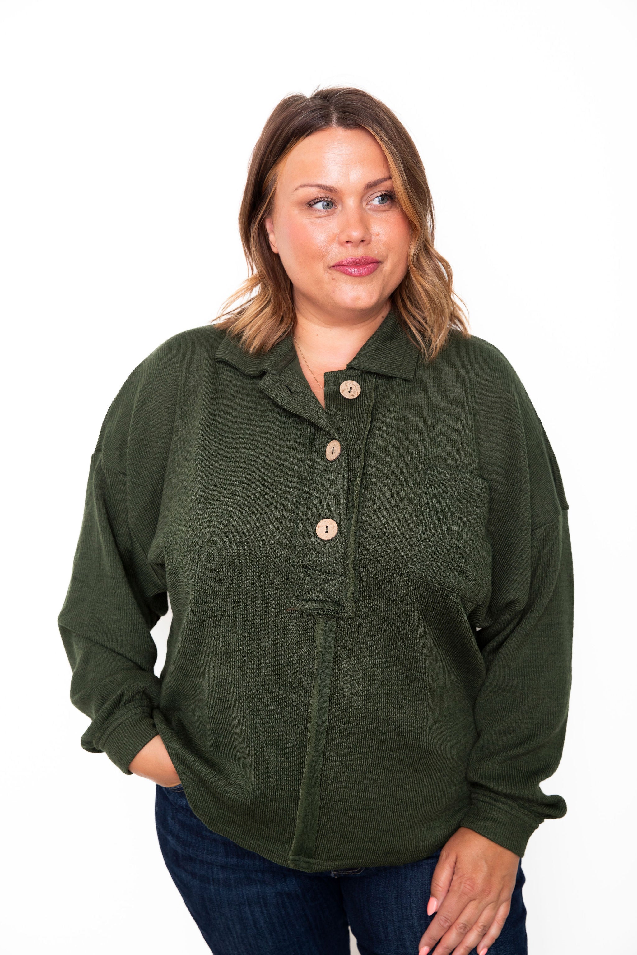 Drop Shoulder Collared Knit Top - Olive-tops- Hometown Style HTS, women's in store and online boutique located in Ingersoll, Ontario