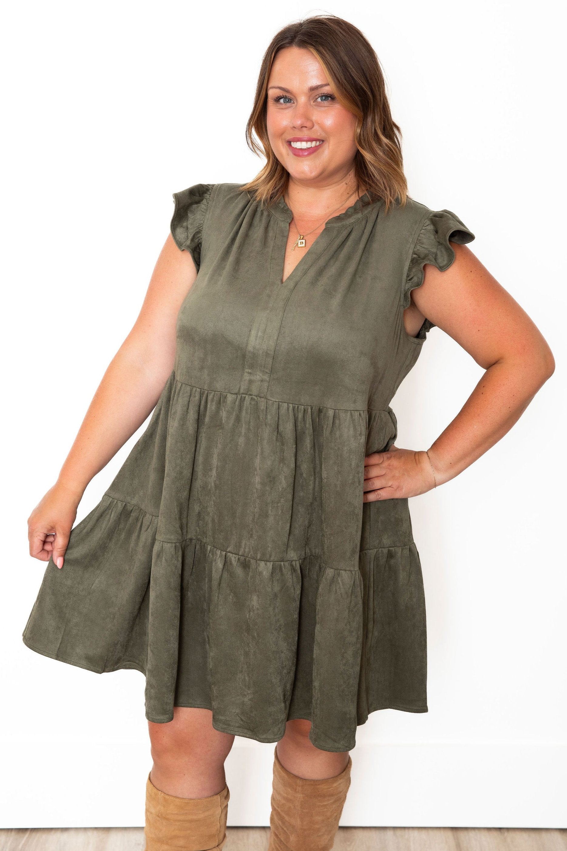 Faux Suede Tiered Mini Dress - Olive-Dress- Hometown Style HTS, women's in store and online boutique located in Ingersoll, Ontario