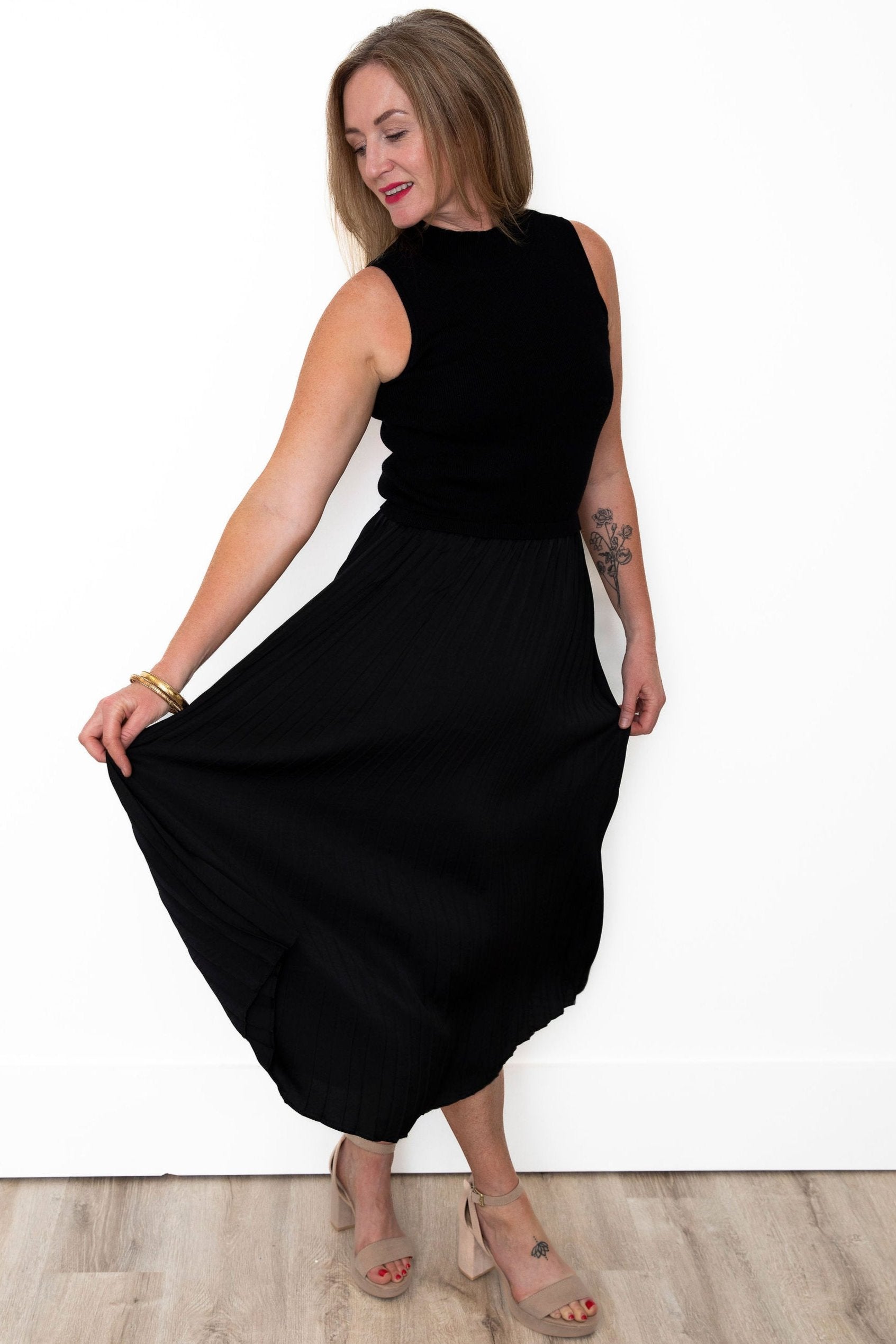 Pleated Mock Neck Dress - Black-Dresses- Hometown Style HTS, women's in store and online boutique located in Ingersoll, Ontario