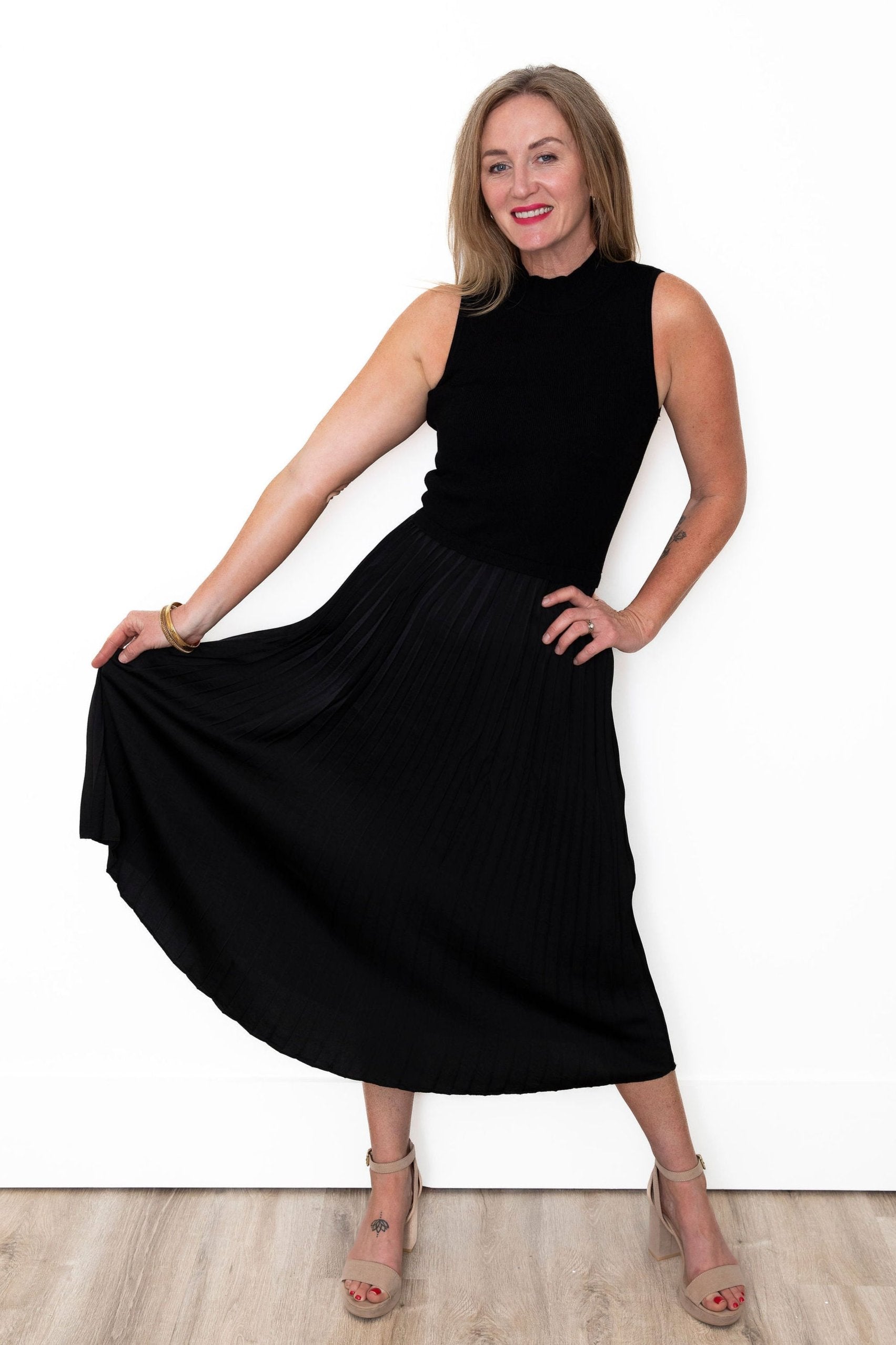 Pleated Mock Neck Dress - Black-Dresses- Hometown Style HTS, women's in store and online boutique located in Ingersoll, Ontario