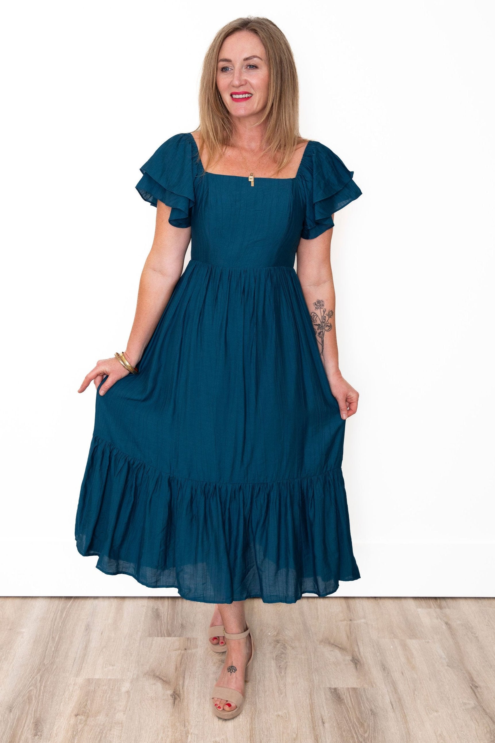 Ruffle Sleeve Maxi Dress - Blue-Dress- Hometown Style HTS, women's in store and online boutique located in Ingersoll, Ontario