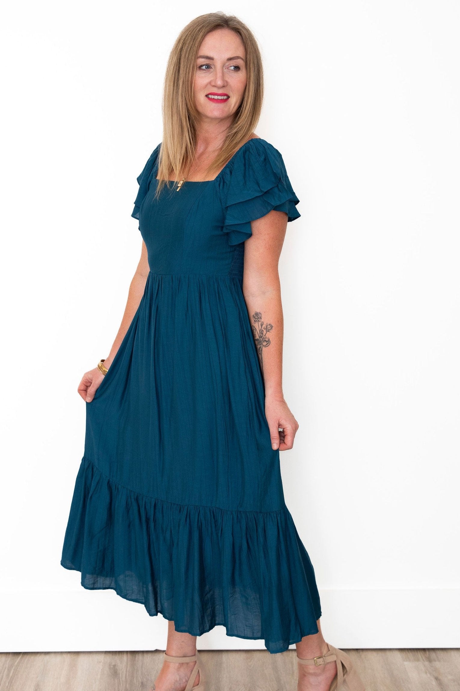 Ruffle Sleeve Maxi Dress - Blue-Dress- Hometown Style HTS, women's in store and online boutique located in Ingersoll, Ontario