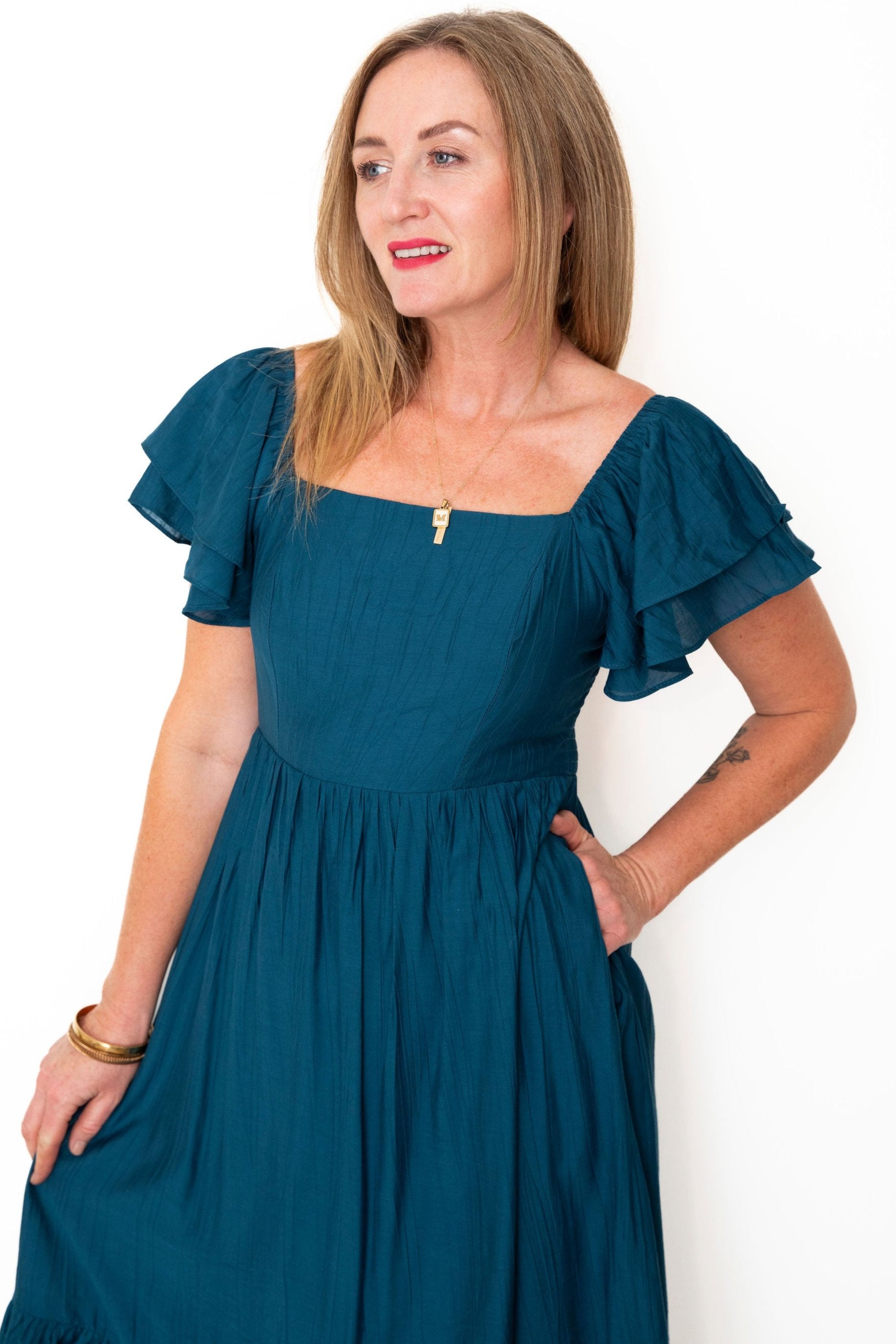 Ruffle Sleeve Maxi Dress - Blue-Dress- Hometown Style HTS, women's in store and online boutique located in Ingersoll, Ontario