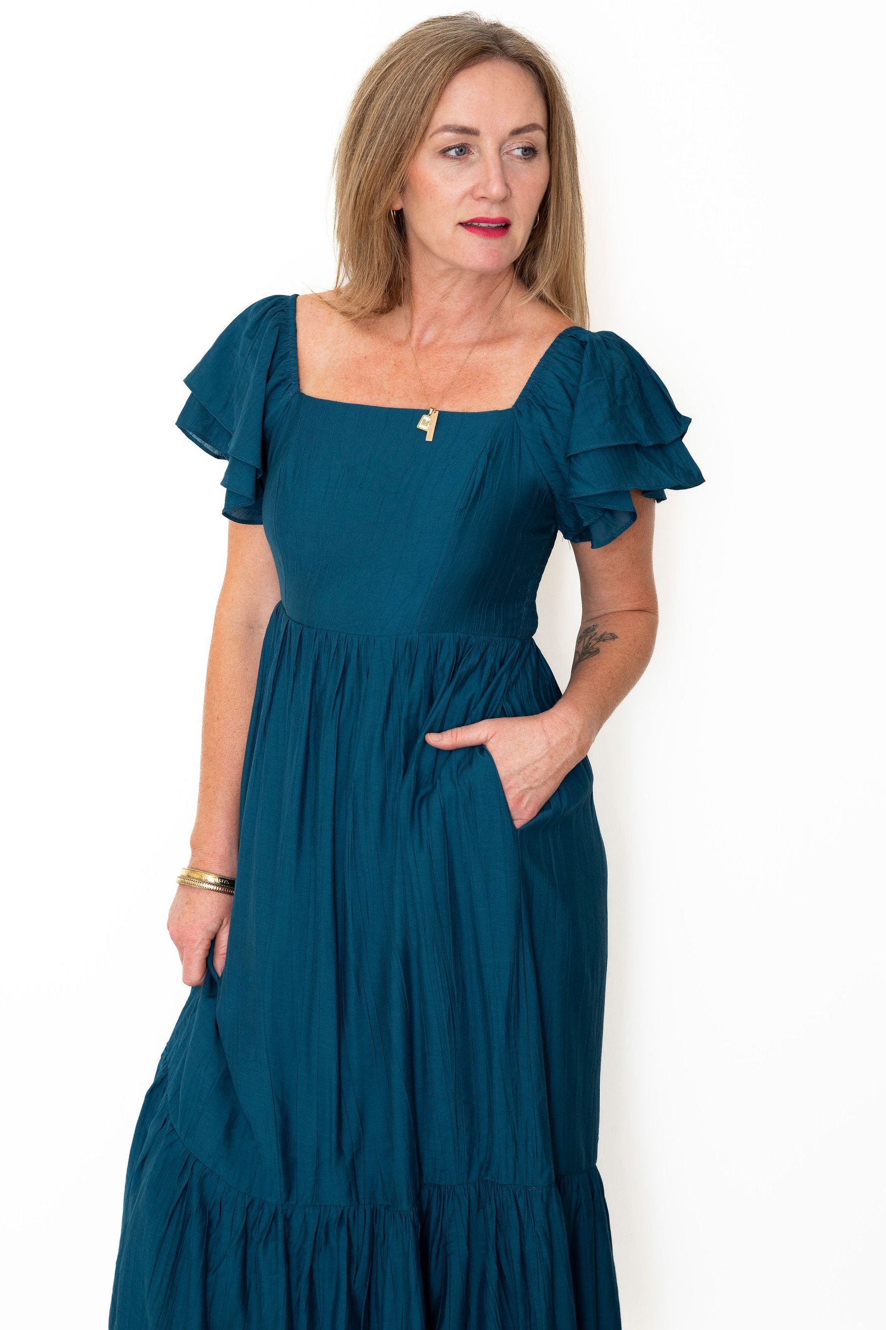 Ruffle Sleeve Maxi Dress - Blue-Dress- Hometown Style HTS, women's in store and online boutique located in Ingersoll, Ontario