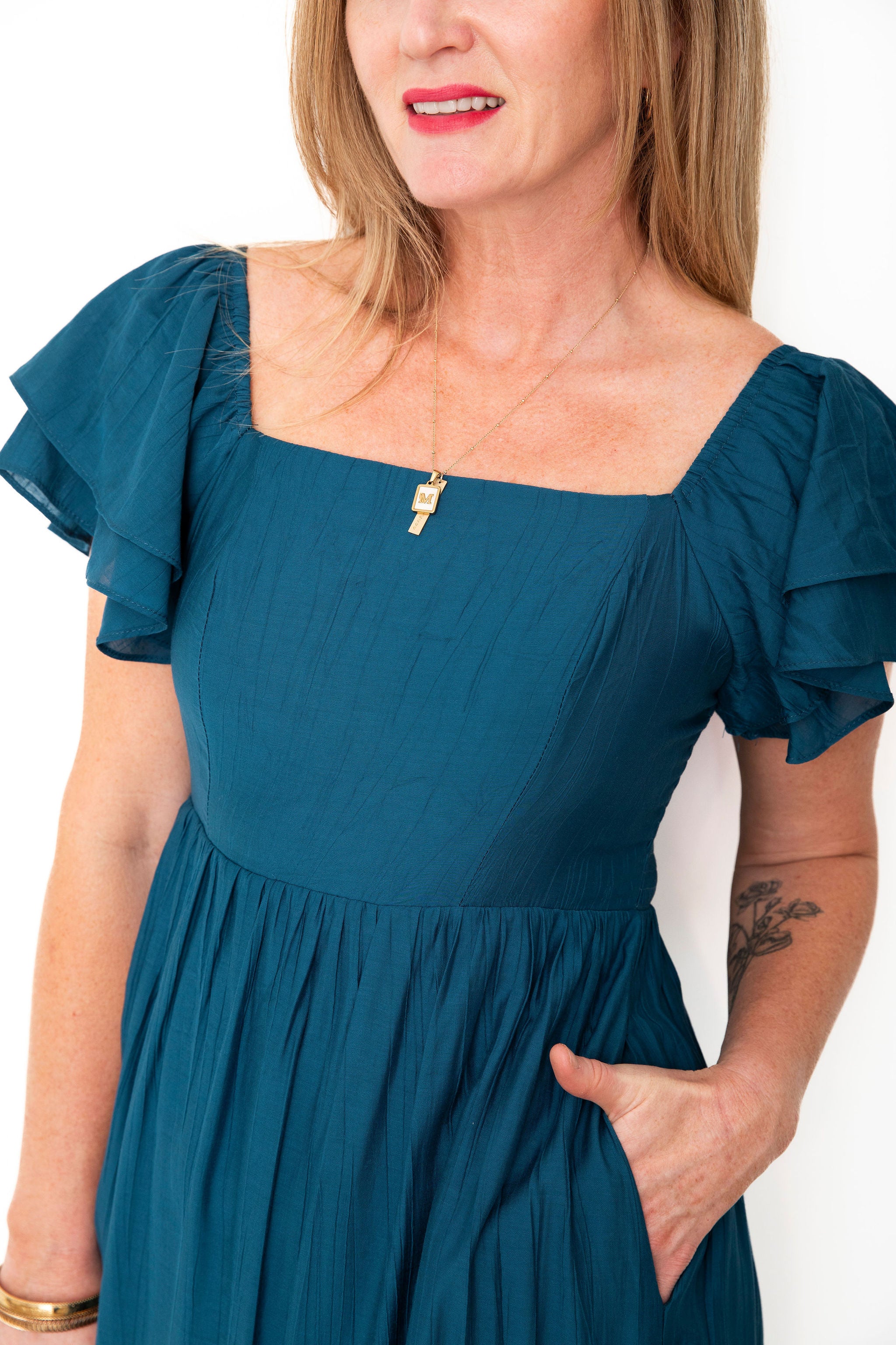 Ruffle Sleeve Maxi Dress - Blue-Dress- Hometown Style HTS, women's in store and online boutique located in Ingersoll, Ontario