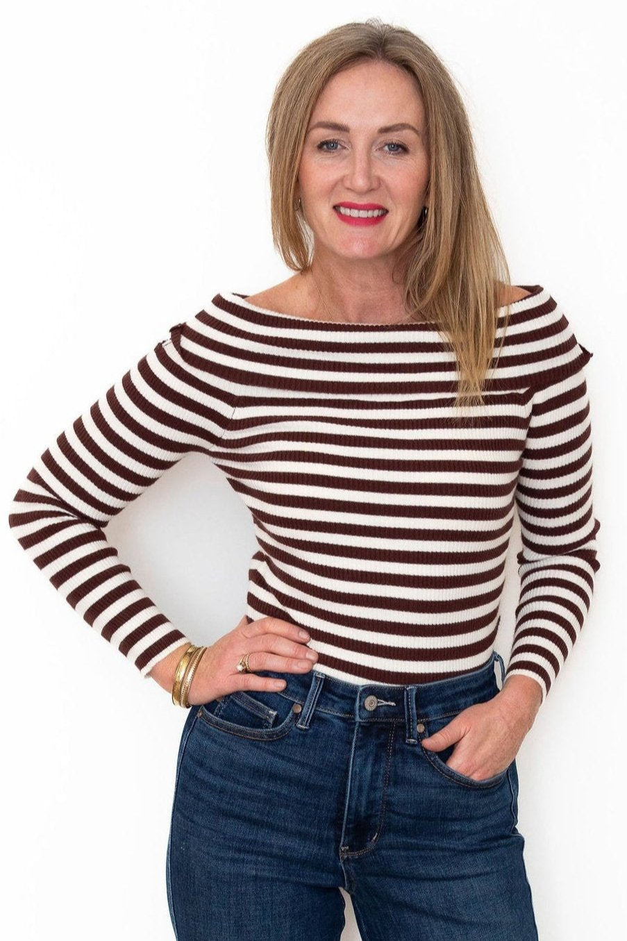 Off the Shoulder Top - Brown/White-Tops- Hometown Style HTS, women's in store and online boutique located in Ingersoll, Ontario