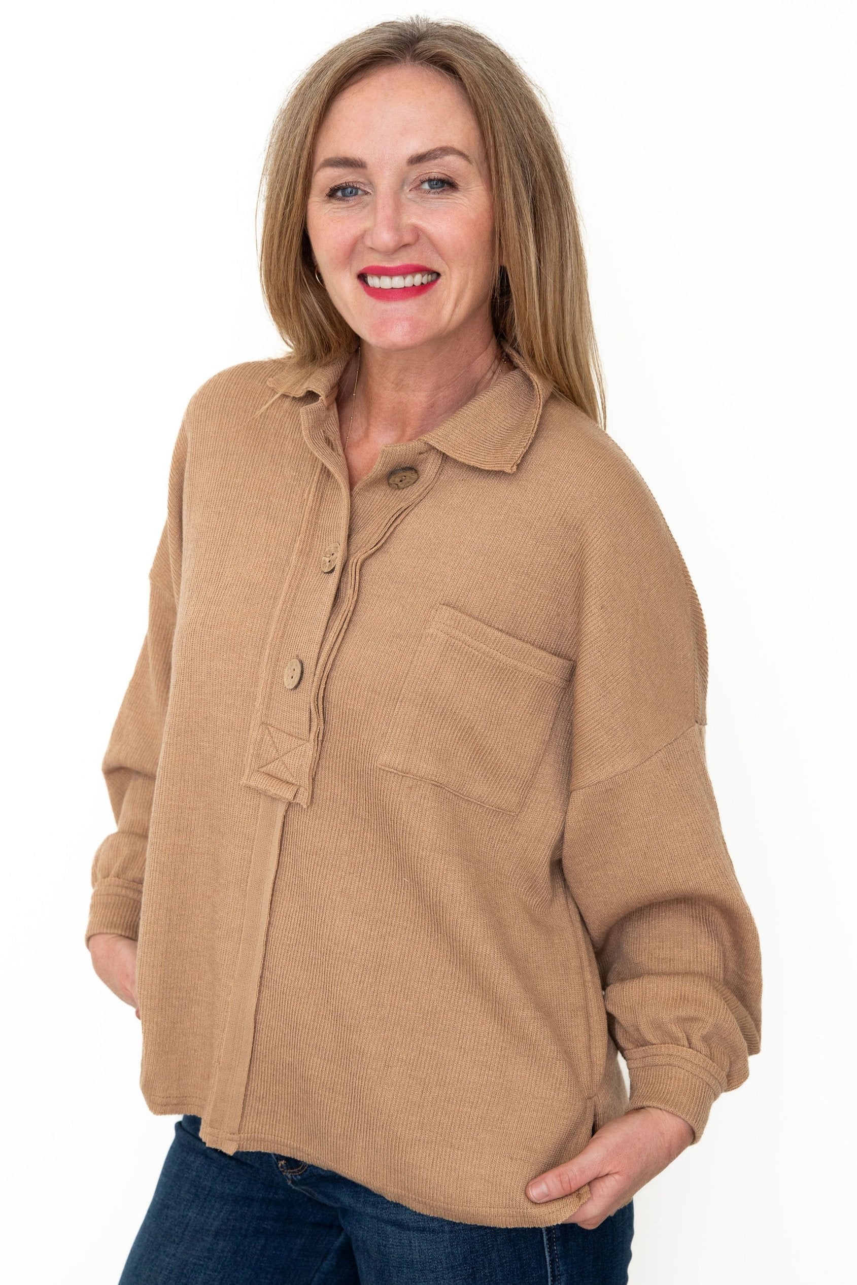 Drop Shoulder Collared Knit Top - Tan-Tops- Hometown Style HTS, women's in store and online boutique located in Ingersoll, Ontario