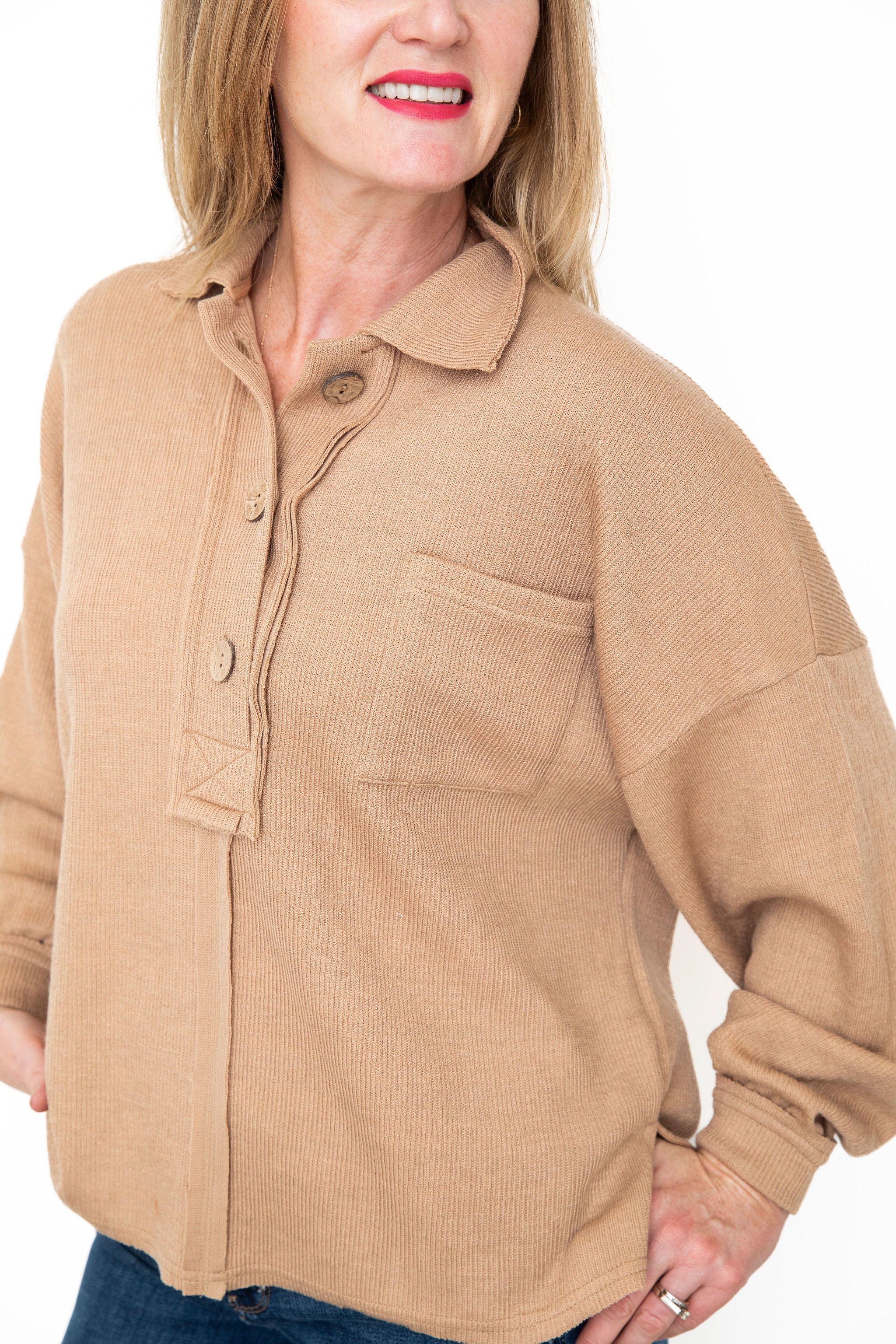 Drop Shoulder Collared Knit Top - Tan-Tops- Hometown Style HTS, women's in store and online boutique located in Ingersoll, Ontario