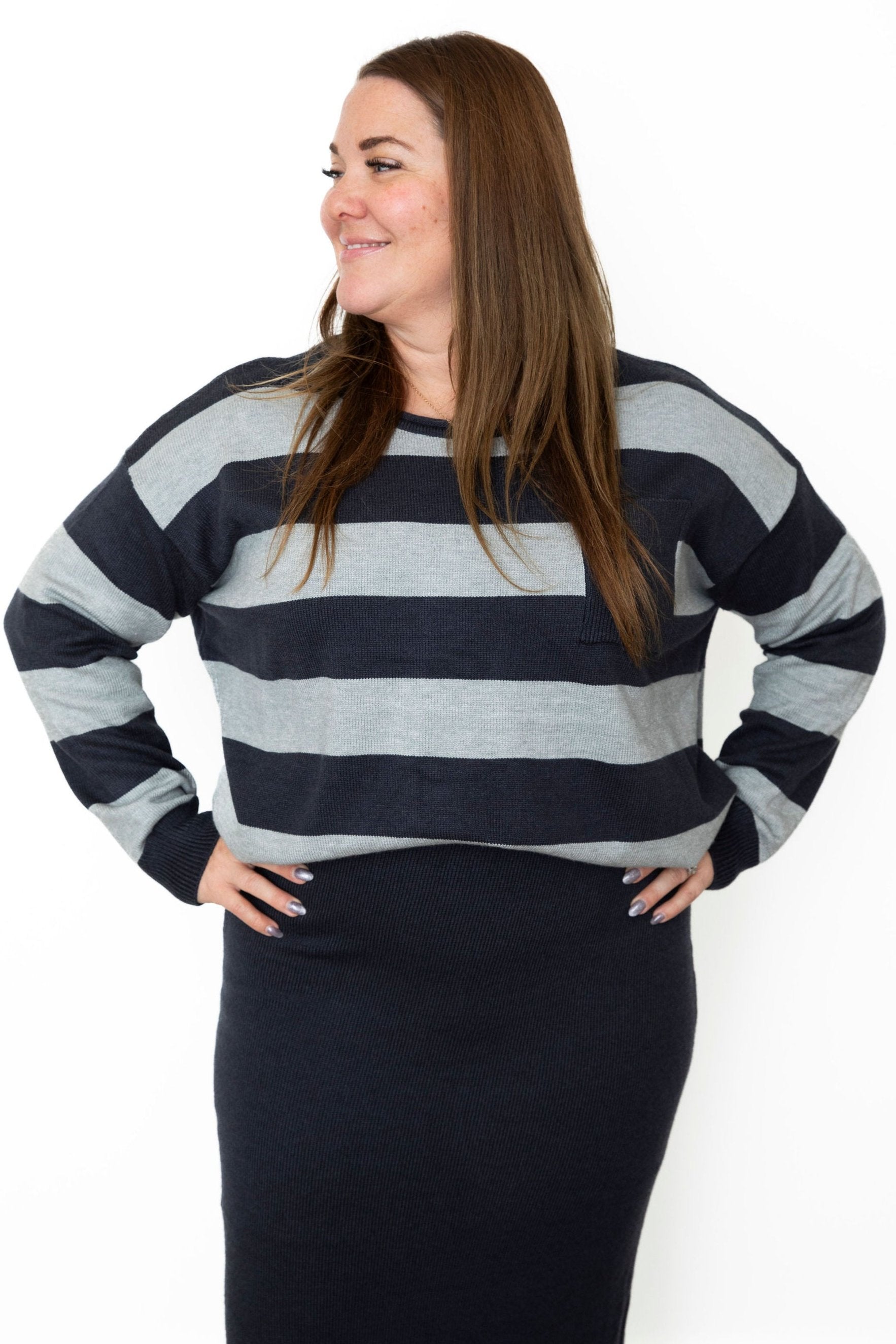 Striped Sweater & Knit Pencil Skirt - Navy-set- Hometown Style HTS, women's in store and online boutique located in Ingersoll, Ontario