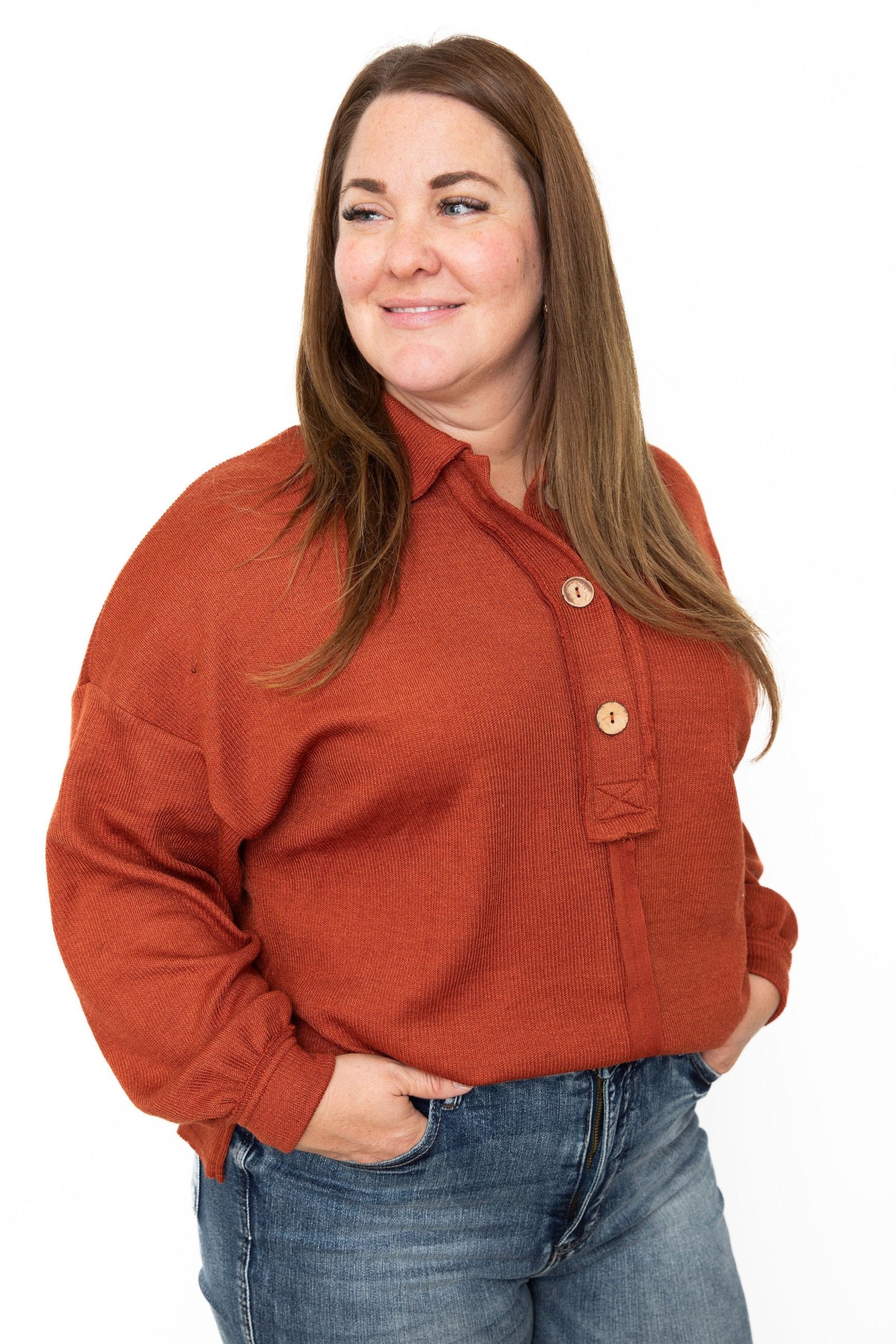 Drop Shoulder Collared Knit Top - Cinnamon-Tops- Hometown Style HTS, women's in store and online boutique located in Ingersoll, Ontario