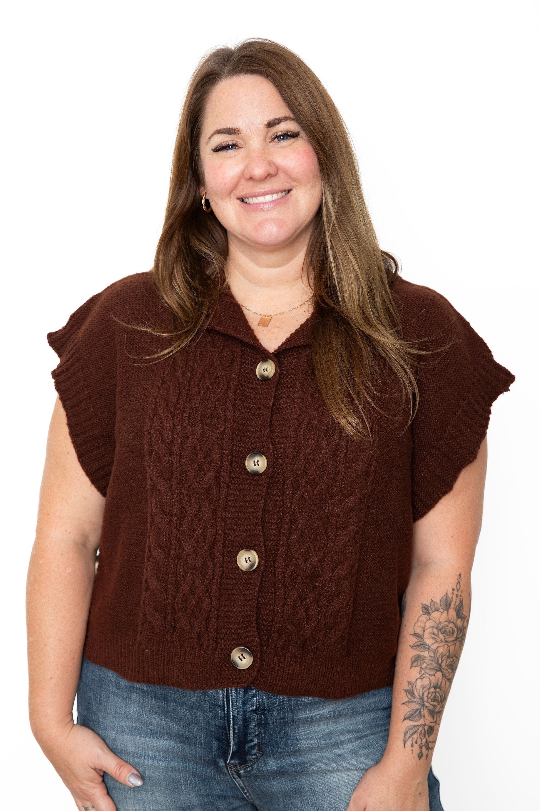 Drop Shoulder Cable Knit Sweater Vest - Brown-vest- Hometown Style HTS, women's in store and online boutique located in Ingersoll, Ontario