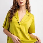 Satin Short Sleeve Blouse - Avocado-Shirts & Tops- Hometown Style HTS, women's in store and online boutique located in Ingersoll, Ontario