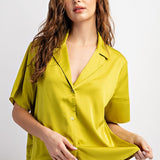 Satin Short Sleeve Blouse - Avocado-Shirts & Tops- Hometown Style HTS, women's in store and online boutique located in Ingersoll, Ontario