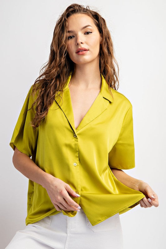 Satin Short Sleeve Blouse - Avocado-Shirts & Tops- Hometown Style HTS, women's in store and online boutique located in Ingersoll, Ontario