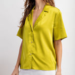 Satin Short Sleeve Blouse - Avocado-Shirts & Tops- Hometown Style HTS, women's in store and online boutique located in Ingersoll, Ontario