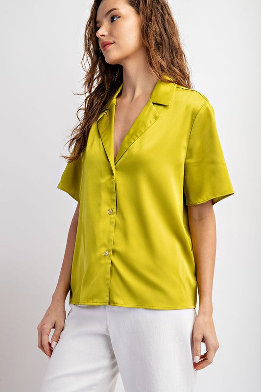 Satin Short Sleeve Blouse - Avocado-Shirts & Tops- Hometown Style HTS, women's in store and online boutique located in Ingersoll, Ontario