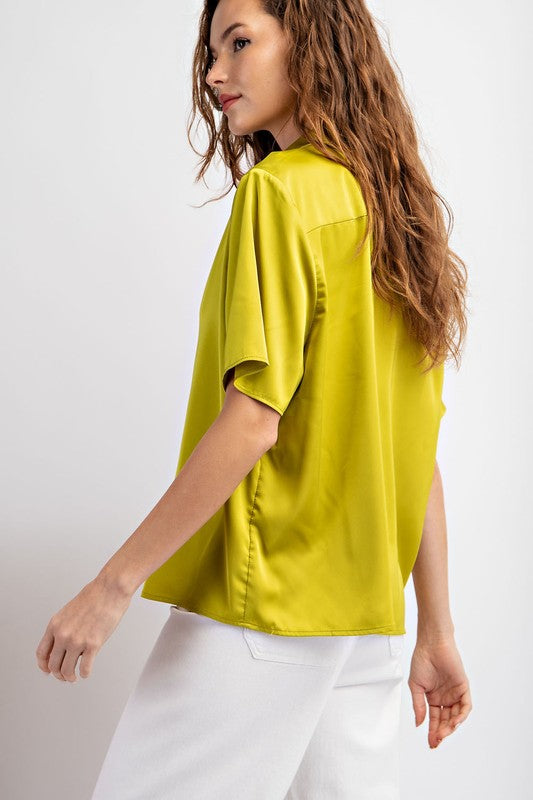 Satin Short Sleeve Blouse - Avocado-Shirts & Tops- Hometown Style HTS, women's in store and online boutique located in Ingersoll, Ontario