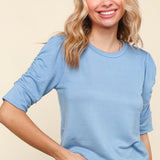 Round Neck Shirring Detail Top - Blue-Tops- Hometown Style HTS, women's in store and online boutique located in Ingersoll, Ontario