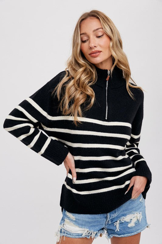 Stripe Quarter Zip - Black- Hometown Style HTS, women's in store and online boutique located in Ingersoll, Ontario