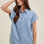 Cuff Sleeve Button Up - Denim-casual shirt- Hometown Style HTS, women's in store and online boutique located in Ingersoll, Ontario
