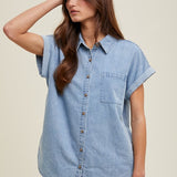 Cuff Sleeve Button Up - Denim-casual shirt- Hometown Style HTS, women's in store and online boutique located in Ingersoll, Ontario