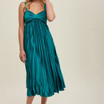 Satin Pleated Midi Dress - Teal Green-dress- Hometown Style HTS, women's in store and online boutique located in Ingersoll, Ontario