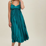 Satin Pleated Midi Dress - Teal Green-dress- Hometown Style HTS, women's in store and online boutique located in Ingersoll, Ontario