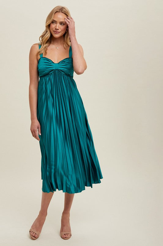 Satin Pleated Midi Dress - Teal Green-dress- Hometown Style HTS, women's in store and online boutique located in Ingersoll, Ontario