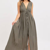 Deep V Neckline Maxi Dress - Olive-dress- Hometown Style HTS, women's in store and online boutique located in Ingersoll, Ontario