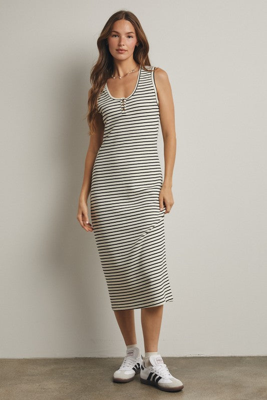 Striped Knit Tank Dress - Cream/Black-Casual Dresses- Hometown Style HTS, women's in store and online boutique located in Ingersoll, Ontario