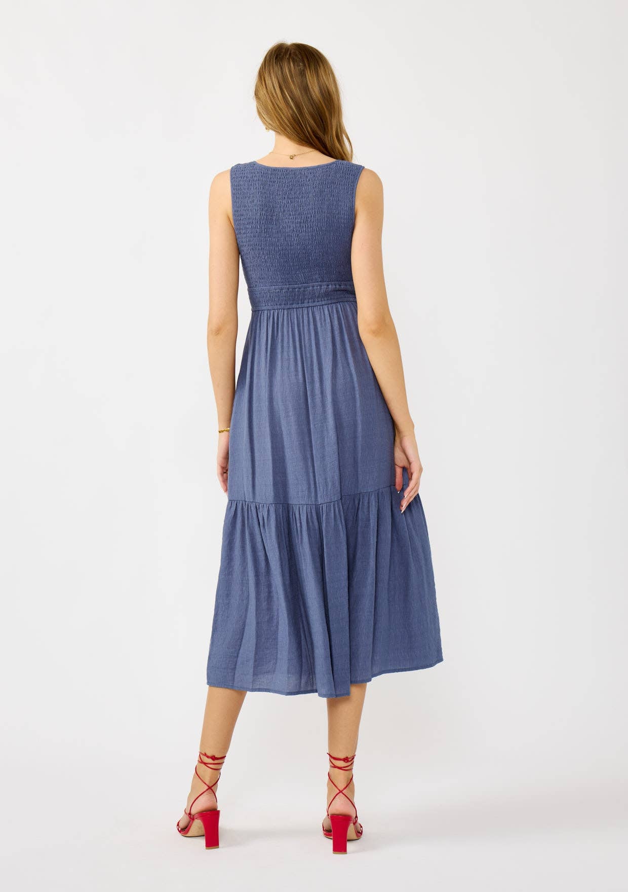 Flowy Tiered Midi Dress with Side Pockets-Slate Blue-dress- Hometown Style HTS, women's in store and online boutique located in Ingersoll, Ontario