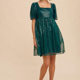 Babydoll Holiday Mini Dress - Evergreen-Dress- Hometown Style HTS, women's in store and online boutique located in Ingersoll, Ontario