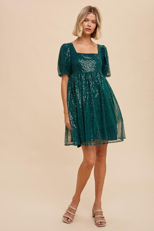 Babydoll Holiday Mini Dress - Evergreen-Dress- Hometown Style HTS, women's in store and online boutique located in Ingersoll, Ontario