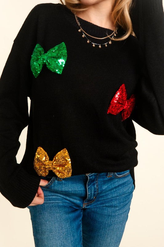 Sequin Popout Bow Sweater - Black-Sweater- Hometown Style HTS, women's in store and online boutique located in Ingersoll, Ontario