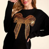 Gold Sequin Bow Christmas Sweater - Black-Sweater- Hometown Style HTS, women's in store and online boutique located in Ingersoll, Ontario