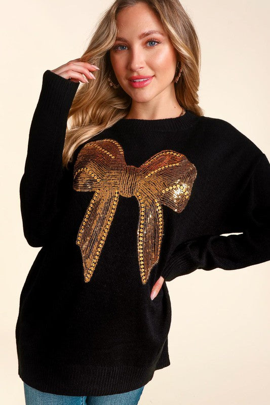 Gold Sequin Bow Christmas Sweater - Black-Sweater- Hometown Style HTS, women's in store and online boutique located in Ingersoll, Ontario