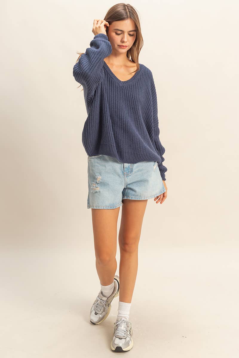 Oversized V Neck Knit Sweater - Midnight Blue-sweater- Hometown Style HTS, women's in store and online boutique located in Ingersoll, Ontario