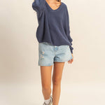 Oversized V Neck Knit Sweater - Midnight Blue-sweater- Hometown Style HTS, women's in store and online boutique located in Ingersoll, Ontario