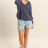 Oversized V Neck Knit Sweater - Midnight Blue-sweater- Hometown Style HTS, women's in store and online boutique located in Ingersoll, Ontario