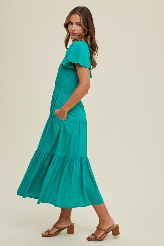 Tiered Midi Dress - Emerald-Dress- Hometown Style HTS, women's in store and online boutique located in Ingersoll, Ontario