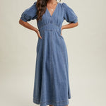 Denim Puff Sleeve Midi Dress-Casual Dresses- Hometown Style HTS, women's in store and online boutique located in Ingersoll, Ontario