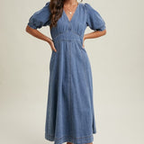 Denim Puff Sleeve Midi Dress-Casual Dresses- Hometown Style HTS, women's in store and online boutique located in Ingersoll, Ontario