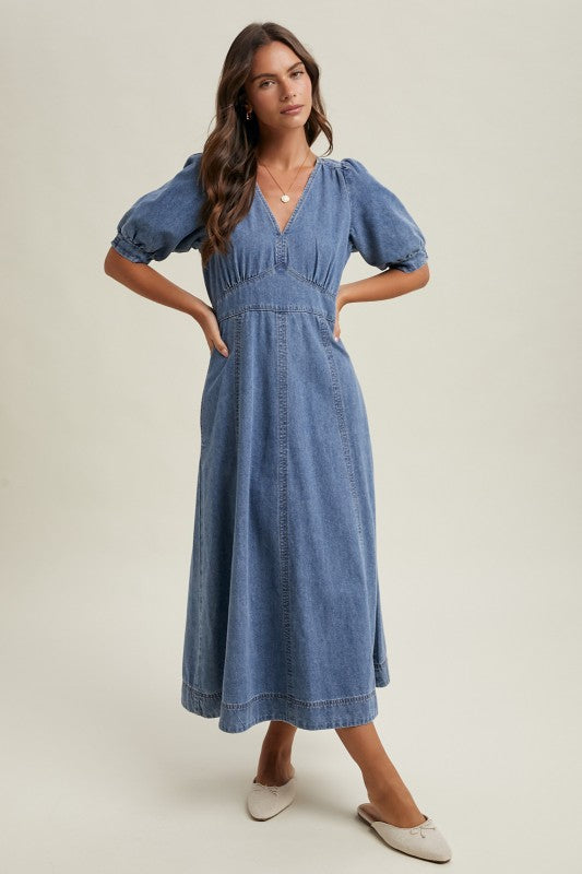 Denim Puff Sleeve Midi Dress-Casual Dresses- Hometown Style HTS, women's in store and online boutique located in Ingersoll, Ontario
